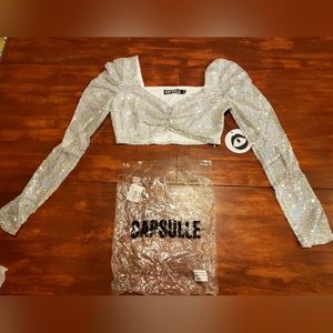 Nwt capsule womens silver sequin long sleeve crop top Size large